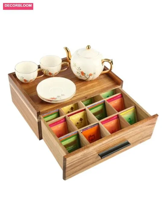 Acacia Wood Tea Bag Organizer with 12 Compartments and Drawer
