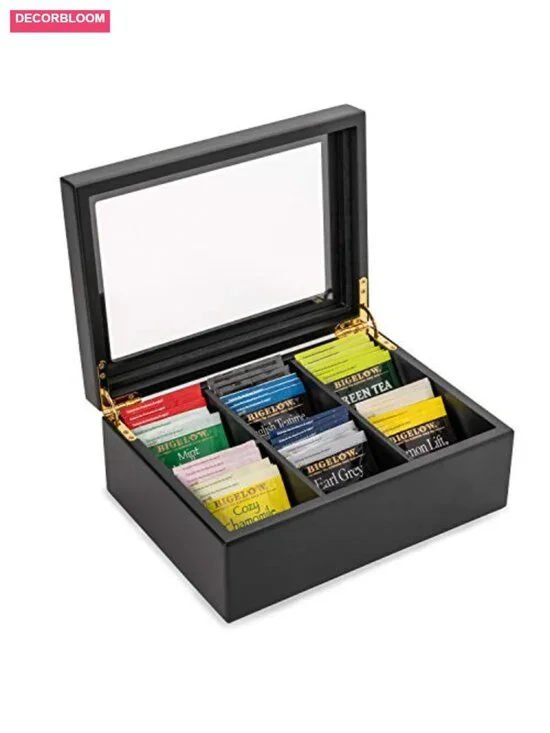 Wooden Tea Organizer Box with 6 Compartments and Clear Top Window