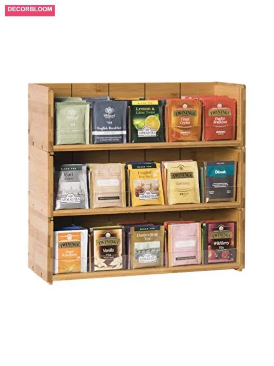 3-Tier Bamboo Tea Bag Organizer Storage Box, Stackable, Wall Mount