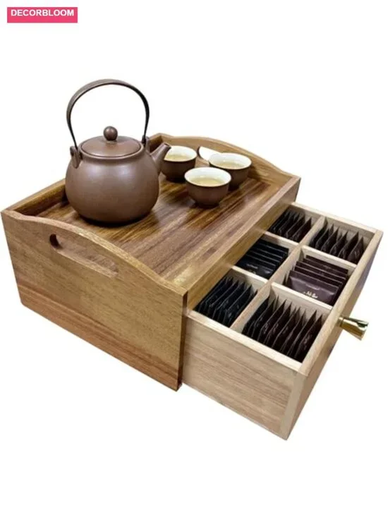 Acacia Wood Tea Bag Organizer with Drawer, Tea Caddy Storage Box