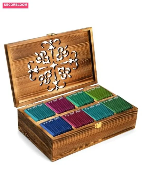 Wooden Tea Bag Storage Box with Carved Lid, 8-Compartment Organizer for Spice