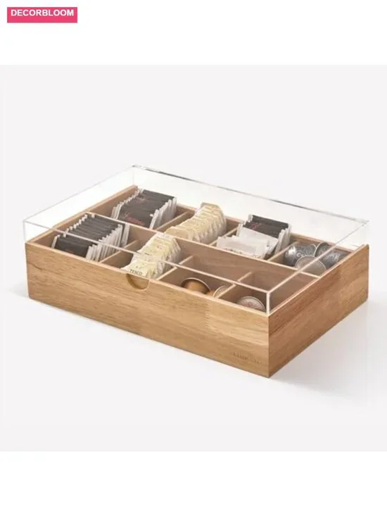Wooden Tea Bag Organizer Box - 8 Compartment Storage with Clear Lid