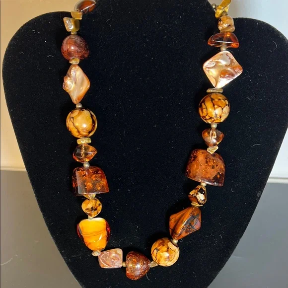Vintage Chunky Necklace Large Amber‎ Brass Wood-tone Lucite Bead 18”