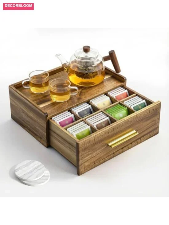 Acacia Wood Tea Bag Organizer with Storage Drawer, 8 Compartments, 2 Ceramic