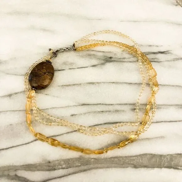 Natural Stone Beaded Necklace Brown Pale Amber  Yellow Beads Healing Crystal‎