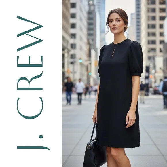 J. Crew Black Crepe Puff Sleeve Keyhole Shift Mini Dress Elegant Business Size 4