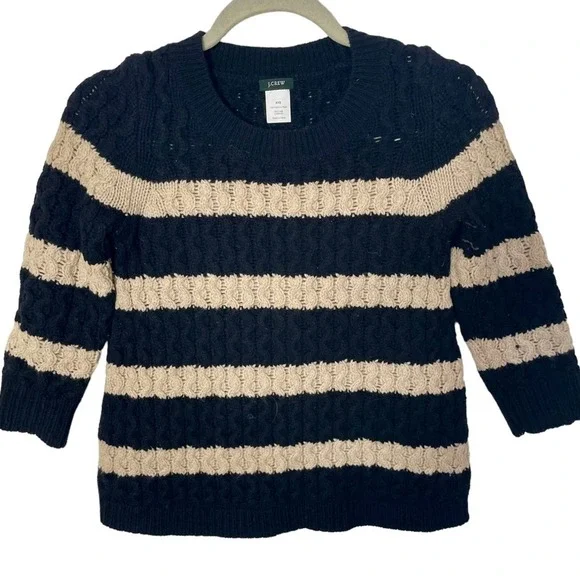 J. Crew‎ Merino Wool Black Tan Stripe Cable Knit Sweater in Size XXS