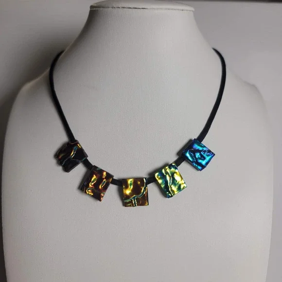 Dichroic Glass Iridescent‎ Square Pendant Black Cord Necklace Multicolor Artisan