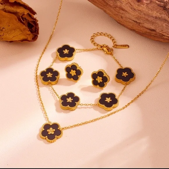 18K Gold Black Plum Blossom 5 Leaf  Necklace, Earrings & Bracelet Set No Fade