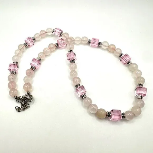 18”‎ of rose quartz, silver and crystal beaded necklace!