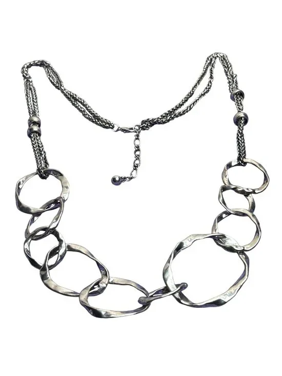 Chunky Silvertone Textured Necklace Double Chain Statement 34 - 37 inches Long