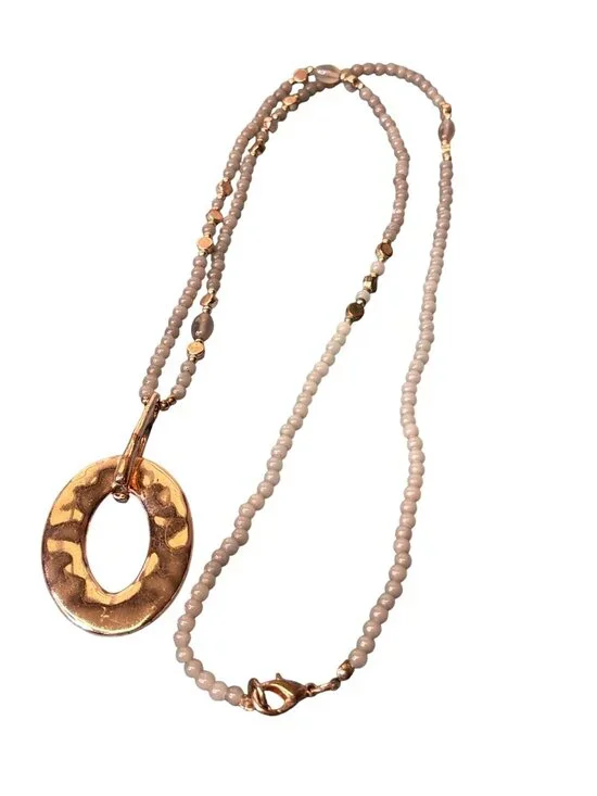 Grey Glass Goldtone Beaded Necklace Hammered Oval Pendant Lobster Clasp Pendant