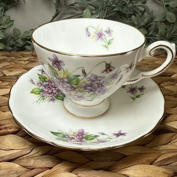 Tuscan Birthday Flowers Bone China Teacup & Saucer Violet Floral England Vtg