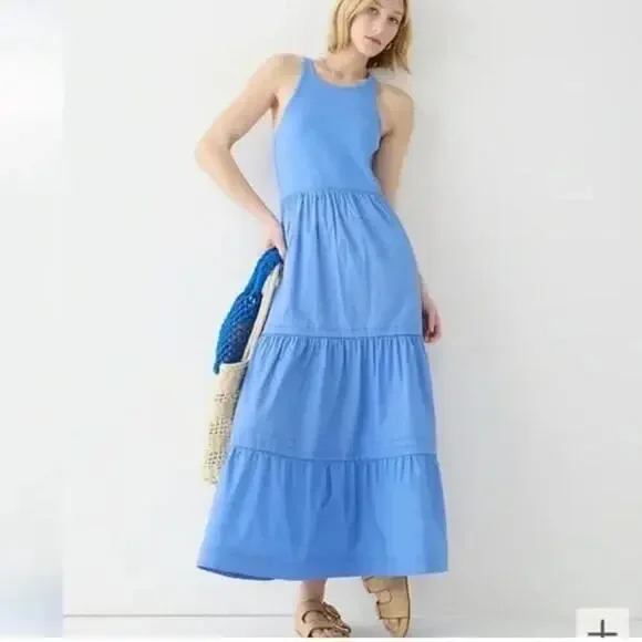 J Crew Vintage Rib High-Neck Cutaway Tank Dress with Poplin Skirt Blue Sz S
