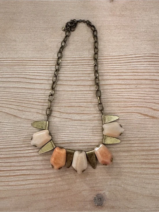 J.Crew Vintage-Inspired Gold/Brass Metal Triangles Peach Stone Bib Necklace
