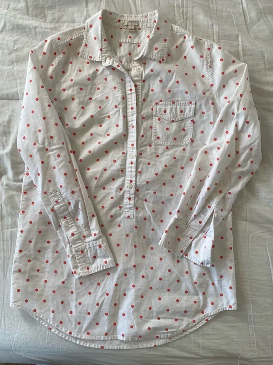 J. Crew White Button-Down Shirt with Coral Polka Dots
