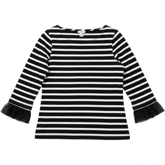 J Crew Womens XS Black White Breton Striped Boatneck Top Tulle Ruffle Cuff
