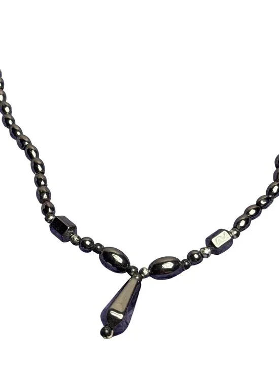 Vtg 90s Artisan Hematite Beaded Necklace Silvertone Lobster Clasp Drop Pendant