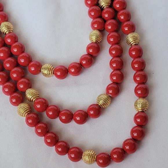 Talbots Signed Red and Gold Three Strand Beaded Necklace