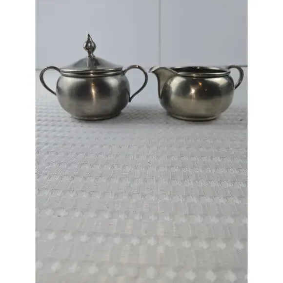 Hanle‎ Distinctive American Pewter Sugar Bowl and Creamer Set Vintage USA MCM