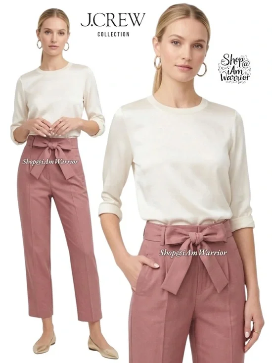 J.Crew Collection Tie-Waist Rose Wool High-Rise Tapered Trousers shop@iAmWarrior