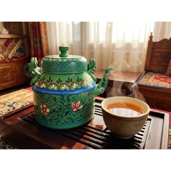 Hand Painted Green Teapot Traditional‎ Folk Art Floral Design Decorative boho