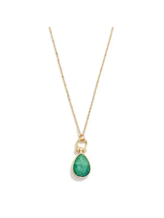 Gold Tone Chain Necklace Green Glitter Teardrop Pendant 20