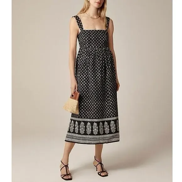 NWT J.Crew Square Neck Cotton Poplin Midi Dress Block Print Faded Black Size 0