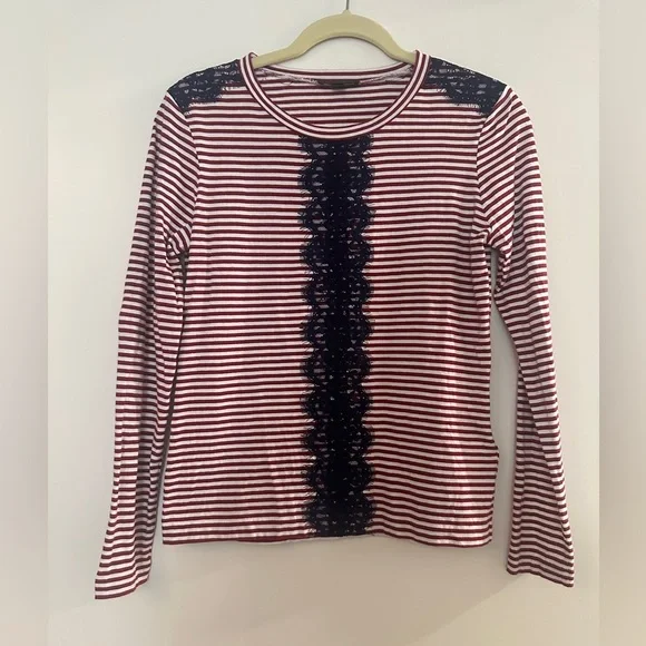 J.Crew Red Striped Crewneck Longsleeve T-Shirt with Navy Lace, Size XS