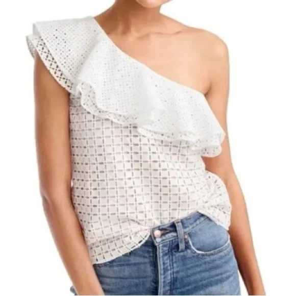 J Crew Women's Eyelet Lace One-Shoulder Ivory Ruffle Top Sz‎ 0