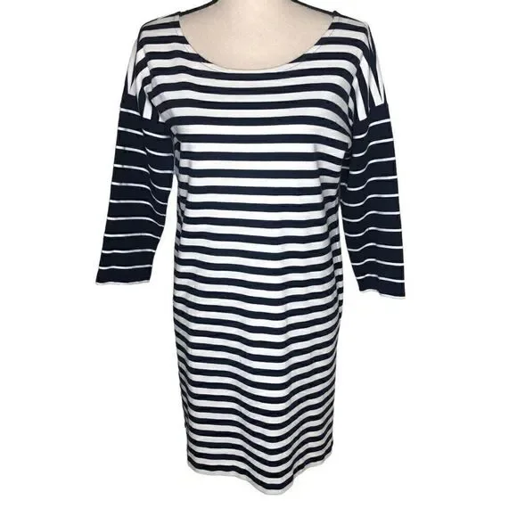 J. Crew Navy and White Striped Three Quarter Sleeve Shift Dress