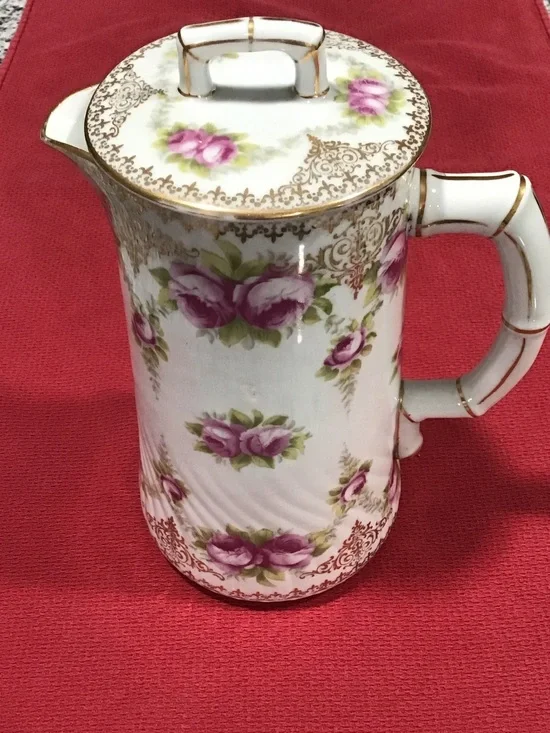 Vintage Porcelain Floral Coffee Pitcher with Pink Rose Motif. ##