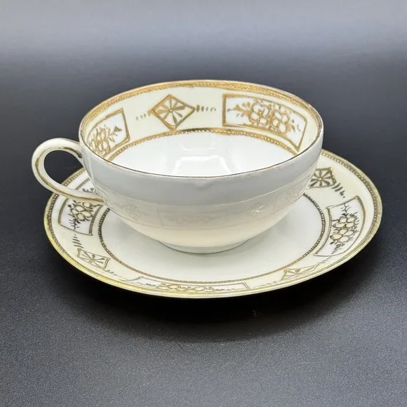 Antique Nippon Hand Painted Teacup‎ & Saucer White Gold Gilt Pre-1921 Tea Party