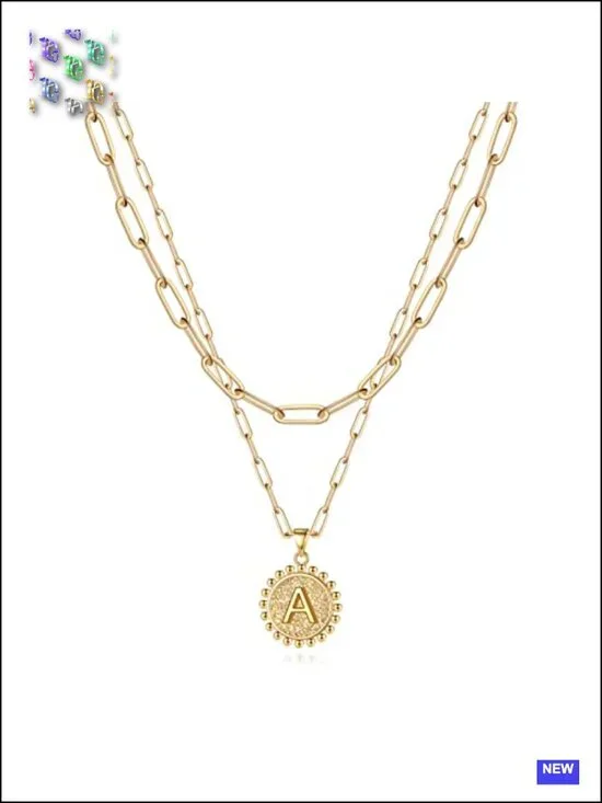 14K Gold-Plated Layered Initial Paperclip Chain Coin Necklace for Women