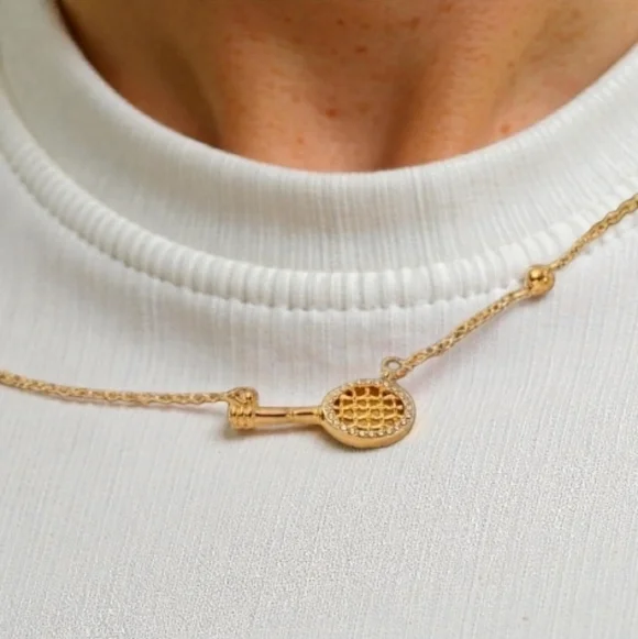 Zirconia tennis racquet charm necklace; nwot