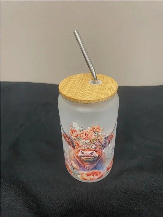 Floral Cow Frosted Glass Tumbler with Bamboo Lid & Metal Straw