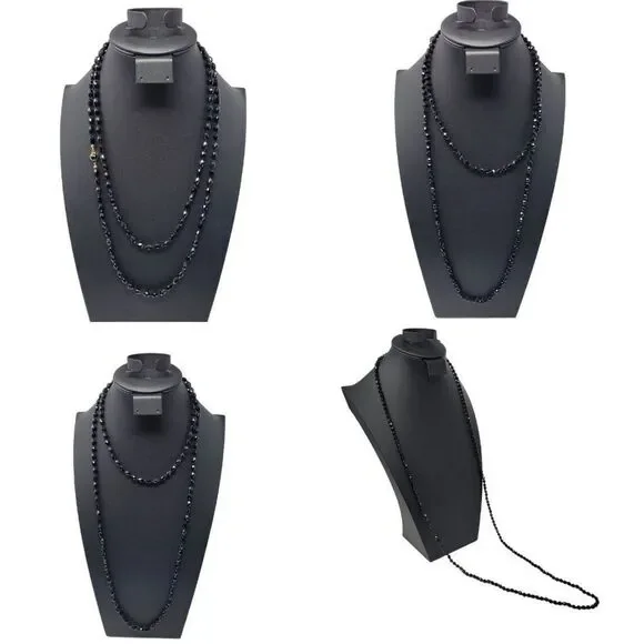 Vintage Signed Austrian Black Glass Beaded Flapper‎ Necklace Oblong Bicone Long