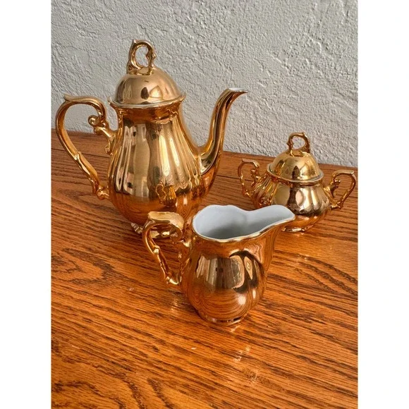 Bavaria Schlottenhof Coffee‎ Tea Pot Creamer Sugar Set Gold Gilt Porcelain
