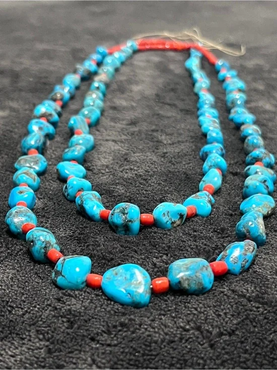 Vintage Santo Domingo Native American Turquoise Nugget & Coral Rope Necklace 58