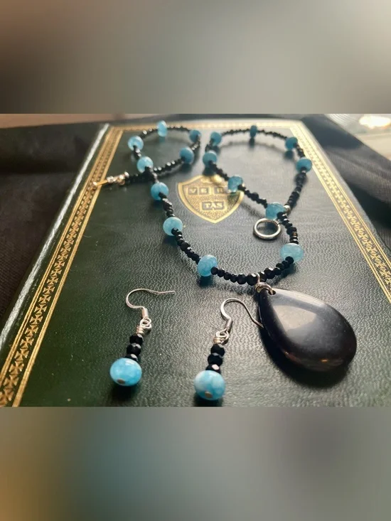 Handmade Black & Turquoise Beaded Necklace and Earring Set