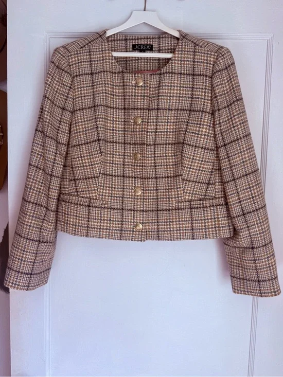 J.Crew Beige and Brown Plaid Tweed Button-Up Blazer