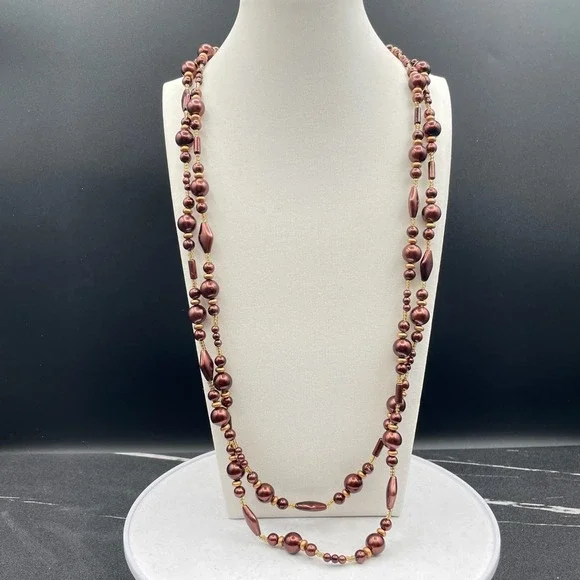 Vintage Burgundy Cord Classic Pearl Double Strand Beaded‎ Lobster Long Necklace