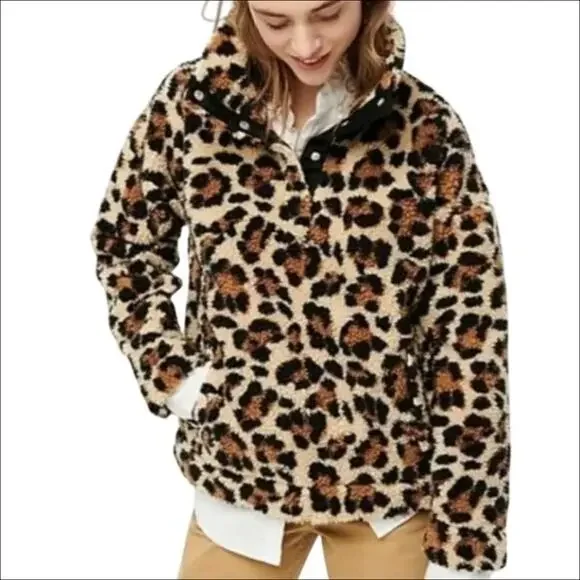 NWT J. Crew Vintage Fleece Snap Collar Leopard Print Pullover Jacket Size Medium
