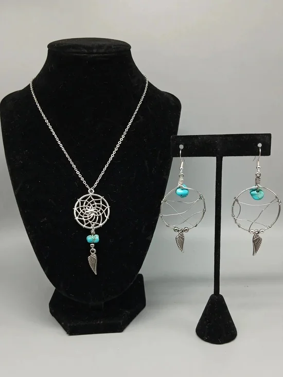 Silver Dreamcatcher Necklace & Earrings Set with Turquoise Beads - Women Jewelry