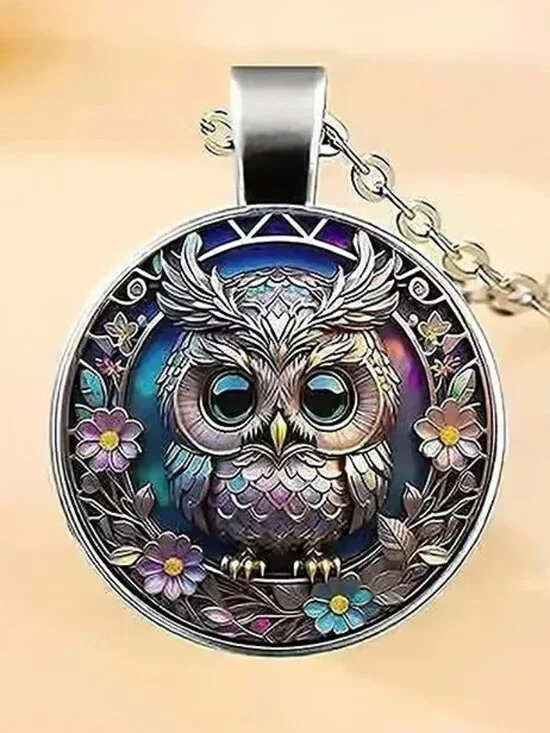 Silver OWL Glass Cabochon Pendant Necklace