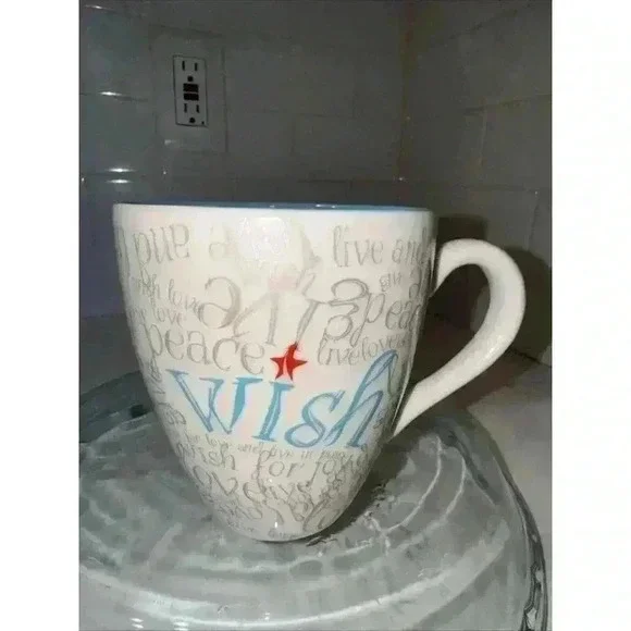Starbucks Mug Wish Live Love Peace 2005 White Gray Grey Writing Blue Inside