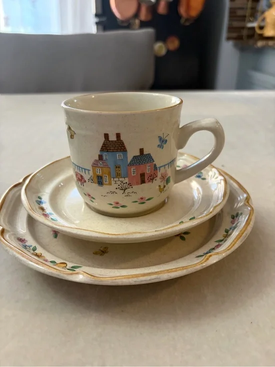 International Stoneware Cream Mug and Small Plate Set with Floral Accents