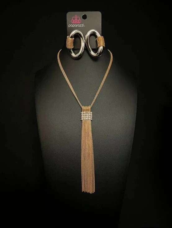 paparazzi Rose Gold Tassel Pendant Necklace with Silver Hoop Accent Earrings