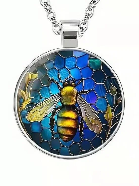 Silver BEE Glass Cabochon Pendant Necklace