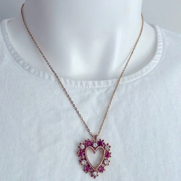 Rose Gold Heart Pendant Necklace with Pink Stones
